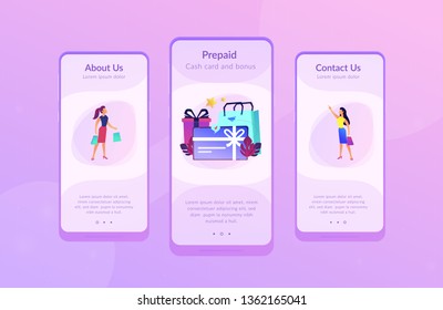 Tarjeta de regalo con arco y cinta de correr, caja de regalo y las mujeres que adoran las compras. Certificado de compra y cupón de regalo, tarjeta de pago anticipado y bono, concepto de venta, paleta violeta. plantilla de interfaz de aplicación GUI de UI UX.