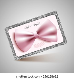 Gift card with bow and silver glitter. Vector illustration. Voucher, certificate