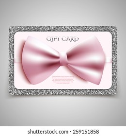 Gift card with bow and silver glitter. Vector illustration. Voucher, certificate