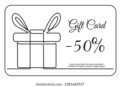 Gift card. Gift Box , continuous one line drawing style, vector design. Gift card template for voucher coupon, shopping card, loyalty card. Vector design image