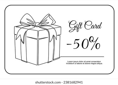 Gift card. Gift Box , continuous one line drawing style, vector design. Gift card template for voucher coupon, shopping card, loyalty card. Vector design image