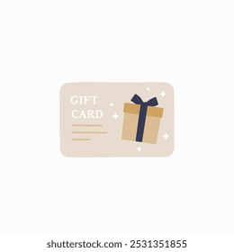 Gift card with box in flat vector illustration symbolizing shopping, discounts, and presents, isolated on white background.
