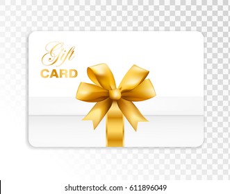 Gift card with box and gold bow isolated on transparent background. Vector illustration.