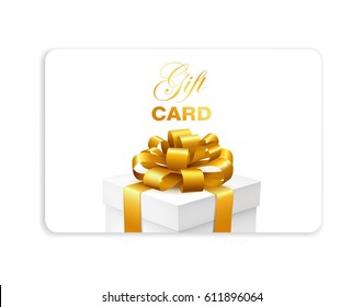 Gift card with box and gold bow isolated on white background. Vector illustration.