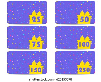 Gift card with a gift box on a background of colorful circles. Festive discount card. Vector illustration