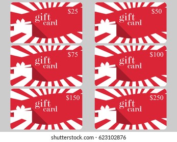 Gift card with gift box and rays. Red and white color. Set of discount cards. Vector illustration