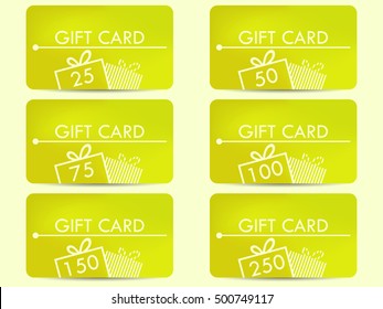Gift card with a gift box. Realistic gift card with a gradient background color. Set of vector illustrations.