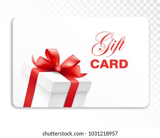 Gift card with gift box and red bow. Holiday card template. Vector illustration.