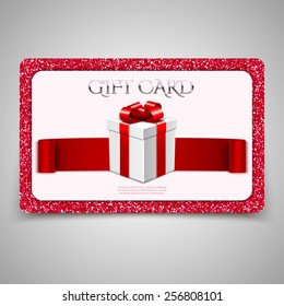 Gift card with gift box and red glitter. Vector illustration. Voucher, certificate