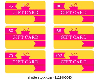Gift card with gift box and ribbon. Shopping certificate isolated on white background. Set of vector illustration 