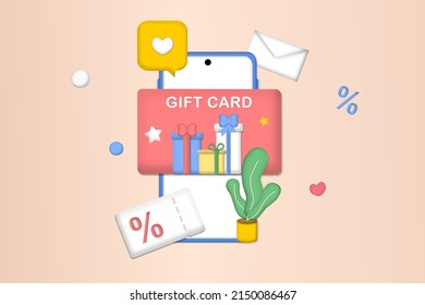 Gift Card With Box Ribbon In Smartphone App Shop. Digital Gift Card And Promotion Strategy, Gift Voucher, Discount Coupon And Gift Certificate Concept. 3d Vector Illustration. Minimalist Style Cartoon