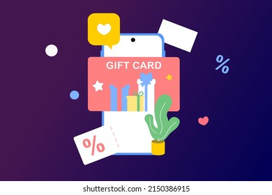 Gift card with box ribbon in smartphone app shop. Digital gift card and promotion strategy, gift voucher, discount coupon and gift certificate concept. Modern minimalist flat vector illustration.