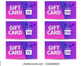 Gift card with gift box set. Layers of cut paper. The cards cost in 25, 50, 75 100, 150, 250. Overlay layers with a gradient. Vector illustration