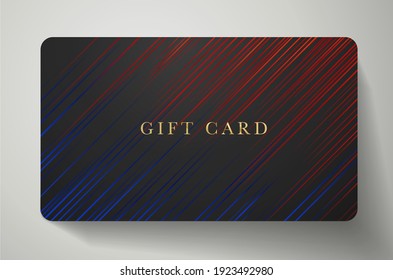 Gift Card, Business Card With Diagonal Dynamic Blue, Red Lines On Back Background. Formal Dark Template For Shopping Card, Invite Design