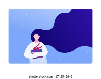 Gift card for business, shopping, christmas holiday sale and charity concept. Vector flat person illustration. Female hold gift box. Copy space for text. Design for banner, front mockup.