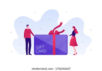 Gift card for business shopping sale and romantic relatioship concept. Vector flat person illustration. Couple of male and female stand near coupon with ribbon. Design for banner, infographic.