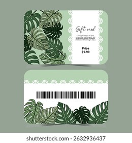 Gift card certificate with green nature plant background with monster leaves plant. Front and back tropical exotic coupon with bar code
