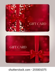 Gift card or certificate, Voucher, Coupon template with red realistic bow and festive light bokeh. Background design for invitation, banknote, check (cheque), greeting card. Vector illustration