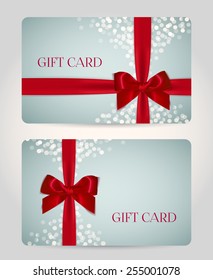 Gift card or certificate, Voucher, Coupon template with red realistic bow and festive light bokeh. Background design for invitation, banknote, check (cheque), greeting card. Vector illustration
