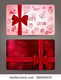 Gift card or certificate, Voucher, Coupon template with red realistic bow (ribbons) and doodle gift boxes. Background design for invitation, banknote, check, greeting card. Vector illustration