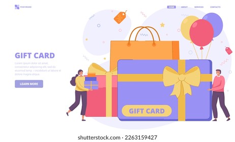 Gift card, certificate, voucher. Flat design concept with characters for landing page. Vector illustration for website, banner.