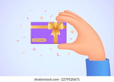 Gift card, certificate, voucher in hand. 3d design concept for landing page. Three dimensional vector illustration for website, banner.