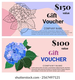 Gift card, certificate, voucher template with outline blooming hydrangea flower. Elegant floral background, business discount card, coupon, vector illustration.