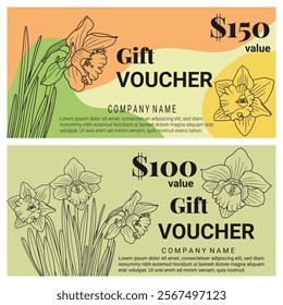 Gift card, certificate, voucher template with outline daffodil flowers. Spring floral background, business discount card, coupon, vector illustration.