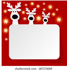 gift card Christmas Reindeer on a red background with snowflakes