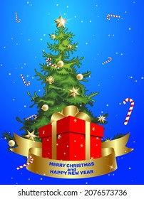 Geschenkkarte für Weihnachten. Weihnachtsbaum mit Geschenkbox.