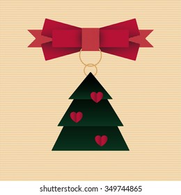 gift card with Christmas tree and red bow of ribbon