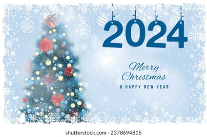 Gift card. Christmas Tree unfocused, blurred colored lights on the blue background with snowflakes, with a Merry Christmas Message.  Postcard. 2024