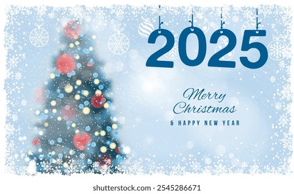 Gift card. Christmas Tree unfocused, blurred colored lights on the blue background with snowflakes, with a Merry Christmas Message.  Postcard. 2025