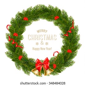 Gift card with Christmas Wreath and Bow. Vector illustration.