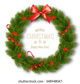 Gift card with Christmas Wreath and Bow. Vector illustration.