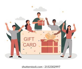 Gift card concept. Graphic elements for website. Special offers for buyers and users. Surprises, sales, promotions and discounts. Advertising poster or banner. Cartoon flat vector illustration