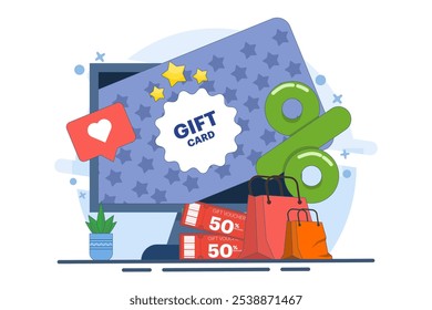 Gift card concept with ribbon box in app store. Digital gift card and promotion strategy, gift voucher, discount coupon and gift certificate concept. Flat vector illustration on background.