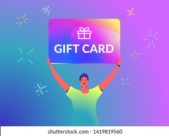 Gift card concept vector illustration of young man holds over his head big brilliant gift card like a winner of a marketing offer. Happy bright people using gift cards on gradient background