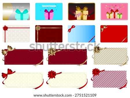 Gift card  coupon base set with ribbon decoration and gift box illustration