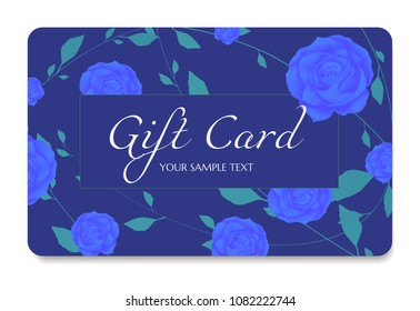 Gift card, Gift coupon, (discount card, gift voucher) with flowers Roses and Green floral leaves pattern frame, gold bow (ribbon). Holiday background design for invitation, ticket. Vector
