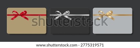 Gift card, coupon, voucher, discount card, business card in gold, silver and black tones with a ribbon and bow mockup.
