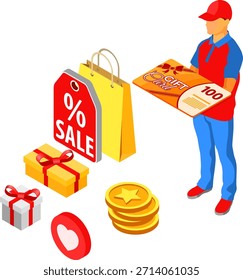 Tarjeta de regalo Cliente Programas de lealtad Tarjeta de regalo de Anuncios y programas de lealtad de Clientes como parte del marketing de retorno. devoluciones, intereses, puntos, bonos. Asistencia en línea en el teléfono inteligente da Tarjeta de regalo del programa de lealtad. Vector isométrico