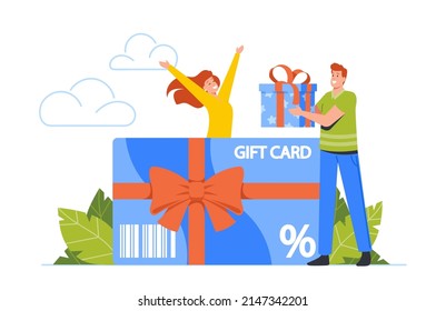 Gift Card, Customers Care and Loyalty Program Concept. Tiny Man Buyer Character Stand at Huge Certificate Giving Gift Box to Happy Woman. Consumerism, Special Offer. Cartoon Vector Illustration