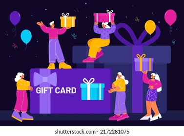 Gift card, customers care and loyalty program concept. Tiny buyers at huge wrapped gift box getting present from store. Consumerism, special offer for clients, sale, Line art flat vector illustration