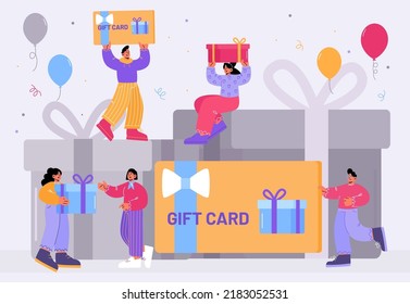 Gift card, customers reward and loyalty program concept. Tiny buyers at huge wrapped gift box receive present from store. Consumerism, special offer for clients, sale Line art flat vector illustration