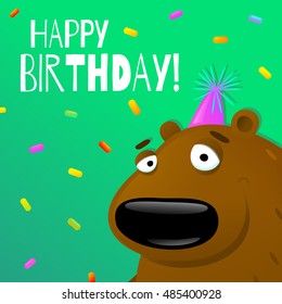 Gift card with cute bear in birthday cap. Vector illustration in cartoon style with inscription "Happy Birthday". EPS 10.