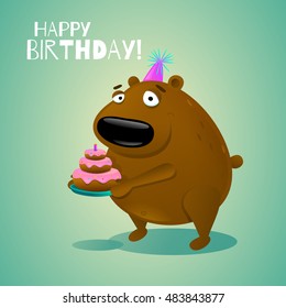 Gift card with cute bear holding birthday cake. Vector illustration in cartoon style with inscription "Happy Birthday". EPS 10.