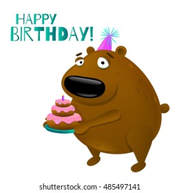 Gift card with cute bear holding birthday cake. Vector illustration in cartoon style with inscription "Happy Birthday". EPS 10.