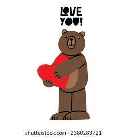 Gift card with cute Teddy Bear and big heart. Illustration on simple modern style. Colorful flat vector illustration isolate on a white background. Premade poster, t-shirt print, sticker, textile.