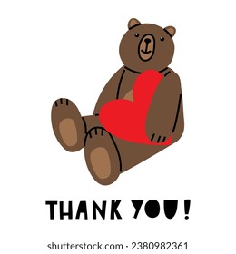 Gift card with cute Teddy Bear and big heart. Illustration on simple modern style. Colorful flat vector illustration isolate on a white background. Premade poster, t-shirt print, sticker, textile.